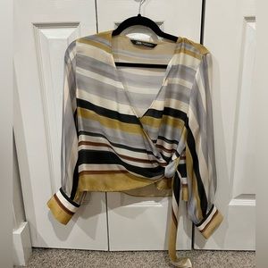 Zara striped wrap front silk blouse